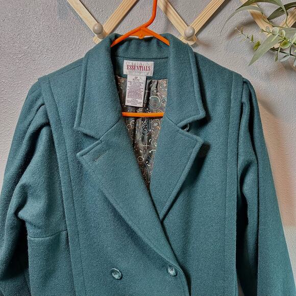 VTG Petite Essentials Green Wool Dress Coat Women's 10P Long Sleeve Button Up - Picture 3 of 13